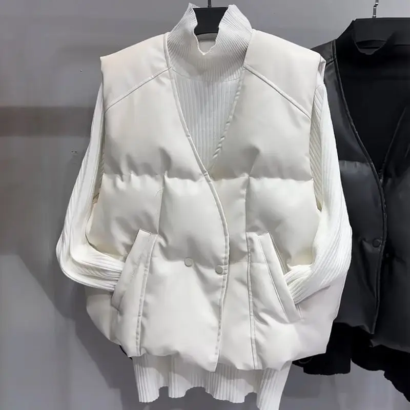 Doudounes en cuir PU et coton pour femmes, gilets décontractés, col en V, glaçure, style coréen, chaud, hiver, 4XL, 2023