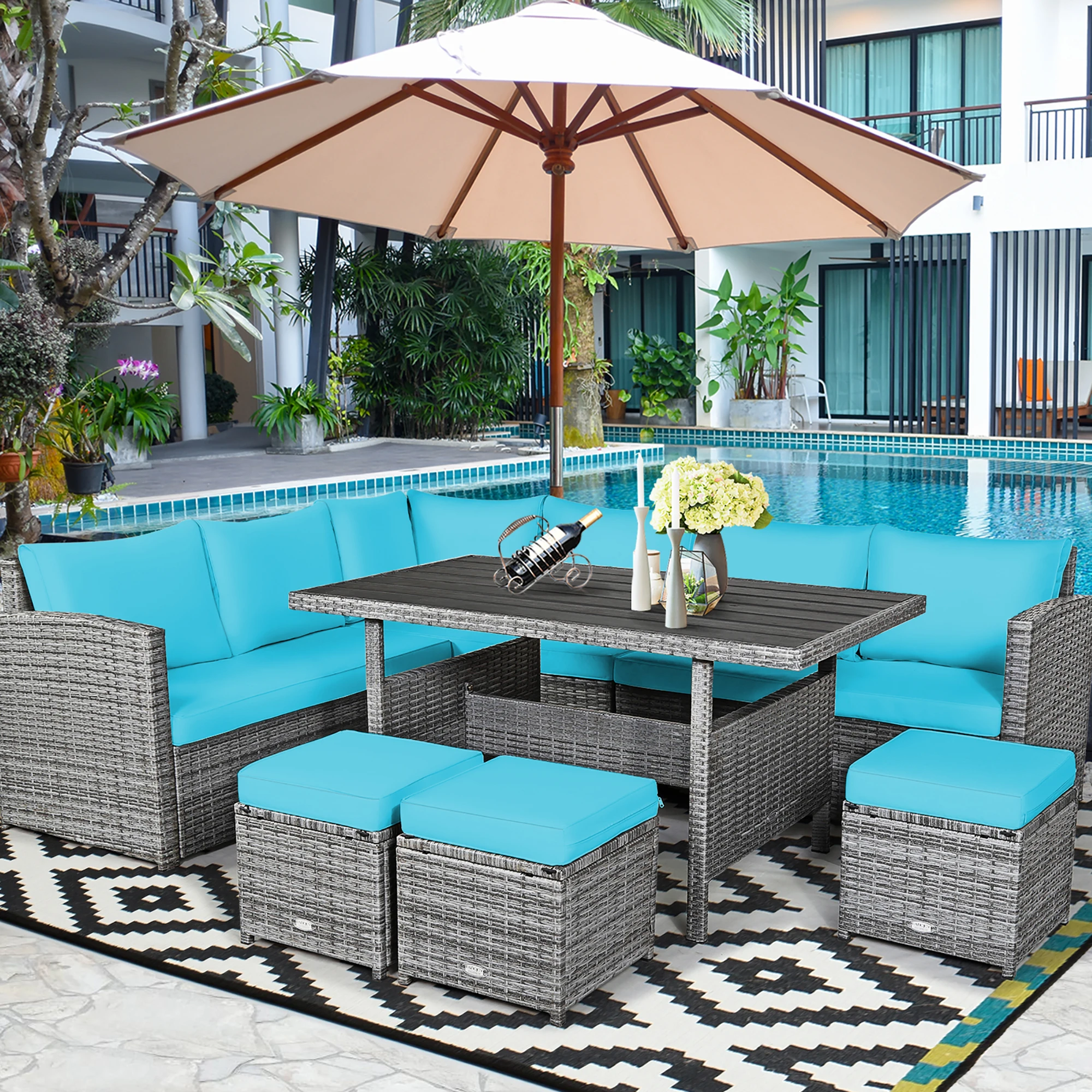 7 PCS Patio Rattan Dining Set Sectional Sofa Couch Ottoman Garden Turquoise