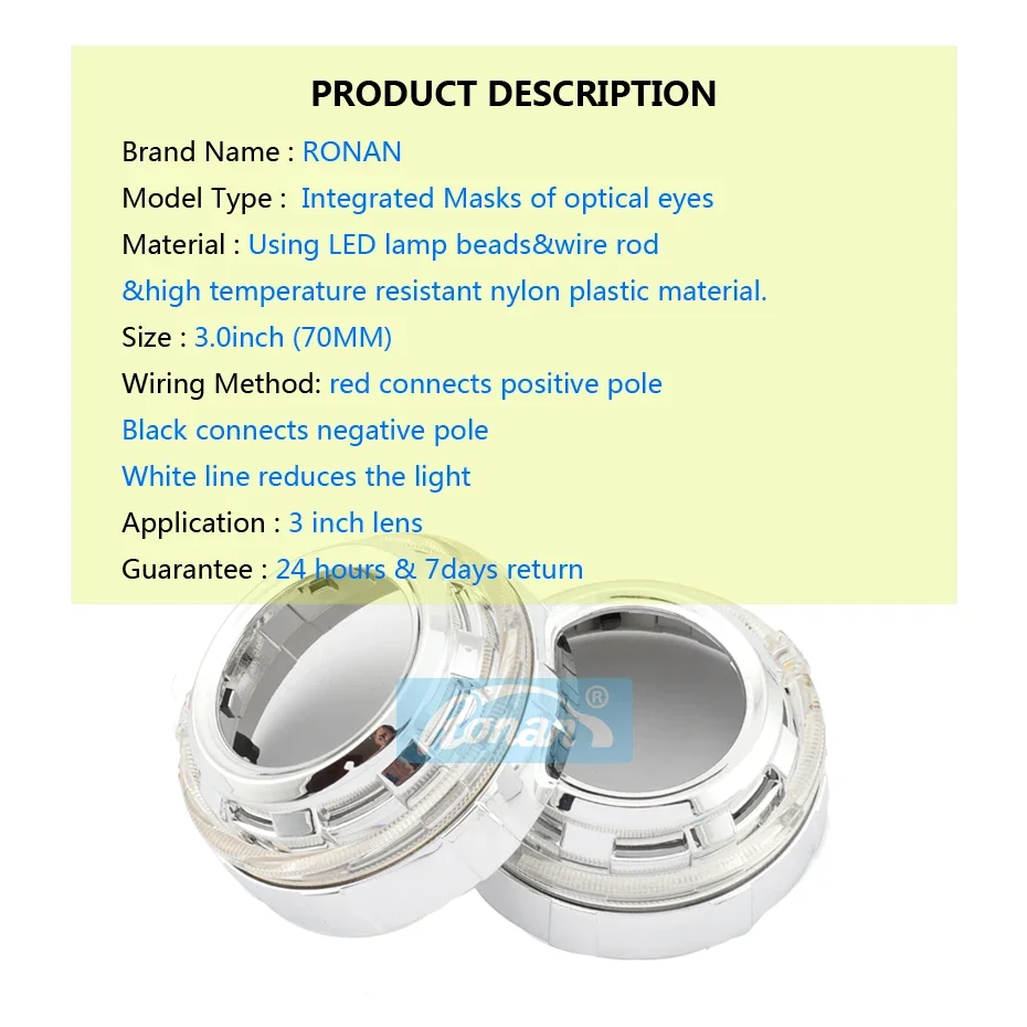 RONAN Car Styling 3.0 inch Bi-LED Angel Eyes Integrated Bezel Shrouds  LED Optical Eyes White Blue no lens