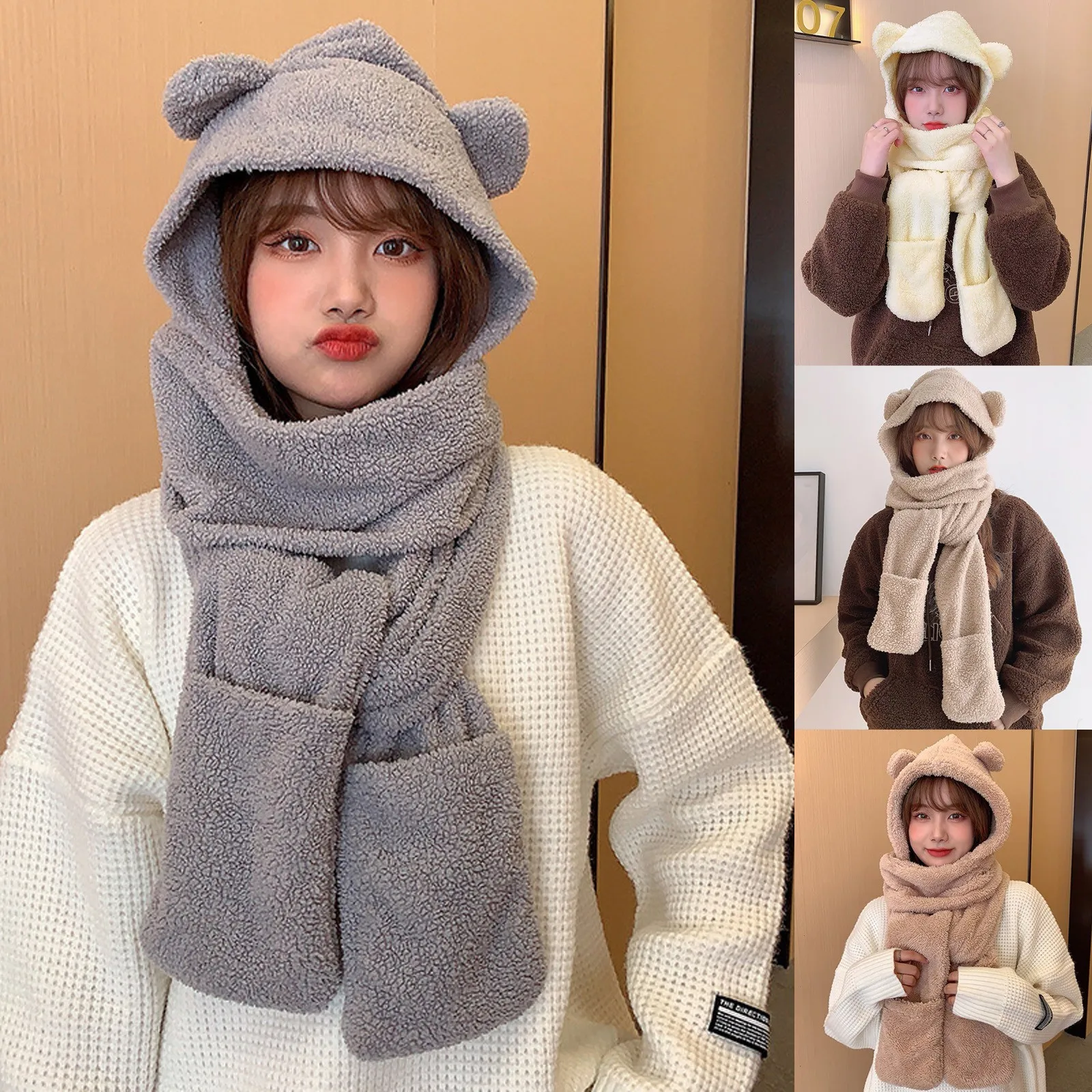Winter Lamb Wool 3-In-1 Cute Bear Ear Hat Scarf Gloves Set Women Caps Warm Casual Plush Neck Hats Casual Fleece Girls Beanies