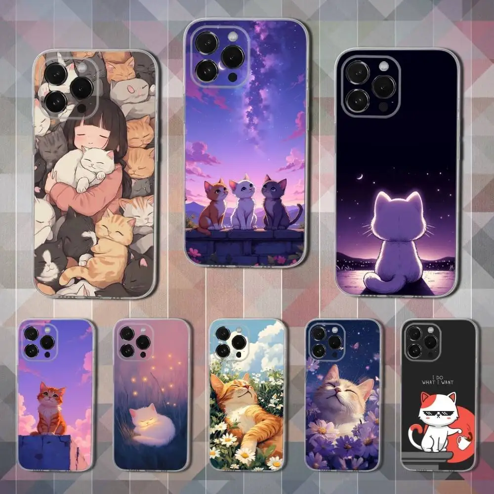 

Cute Art Cat Cartoon Phone Case For iPhone 16,15,14,13,12,11 Pro,Max,Plus,X,XS,XR,SE,Mini Transparent Soft Cover