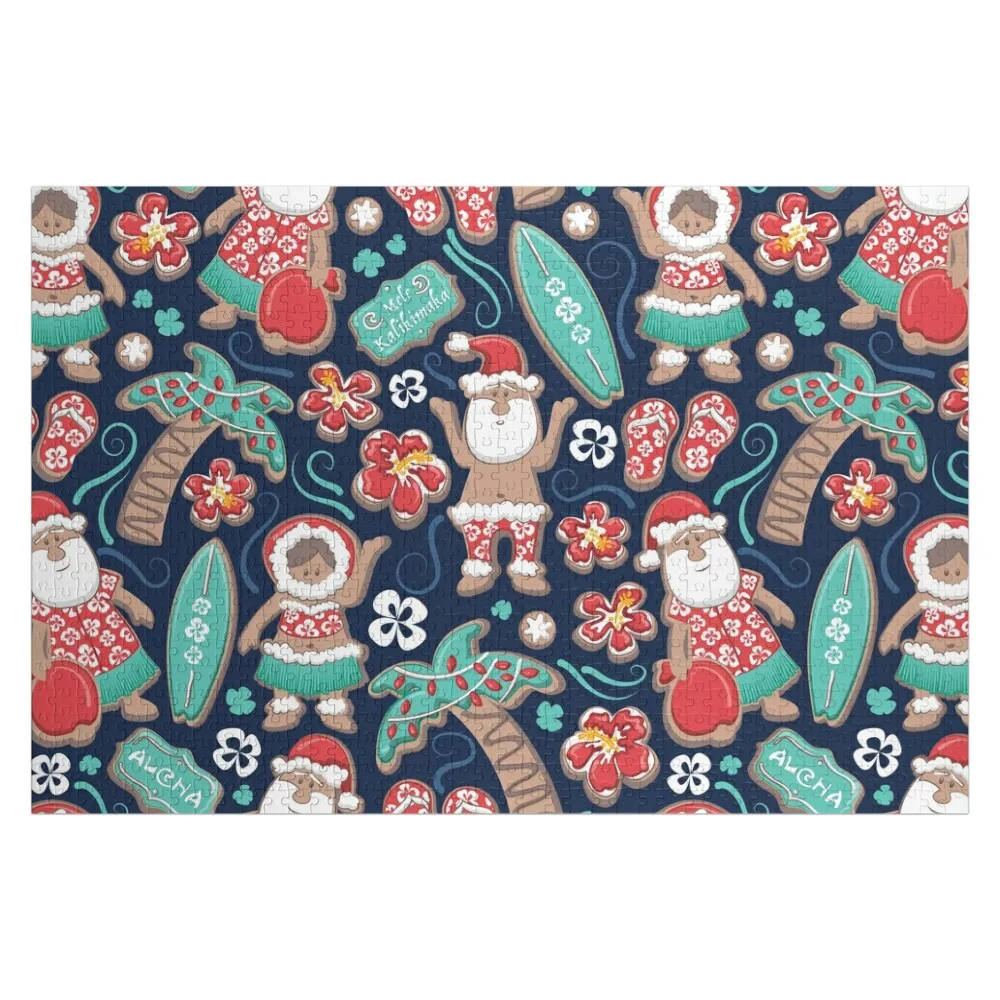 Mele Kalikimaka Hawaiian Christmas gingerbread cookies // navy blue background Jigsaw Puzzle Customs With Photo Puzzle