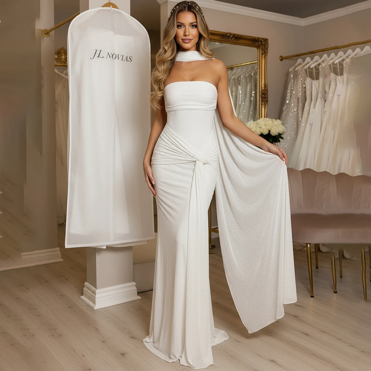 

Elegant Long Mermaid Sparkly Wedding Dress With Scraf Vestidos Novia Strapless Pleated Sheath Bridal Party Gown For Bride