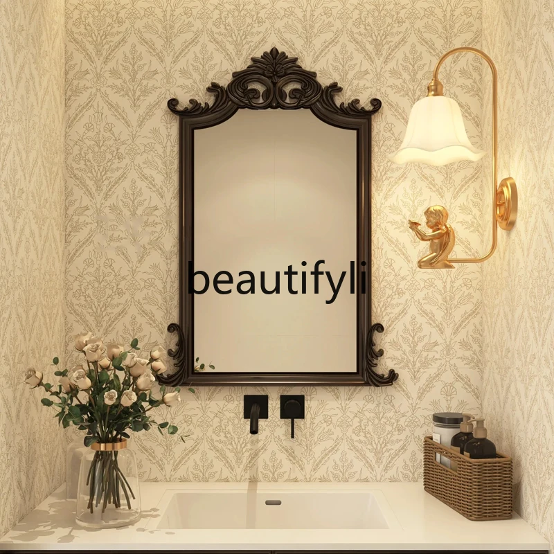 

Bathroom Mirror French Retro Carved Smart Makeup Mirror Wall-Mounted High-End Bathroom Mirror