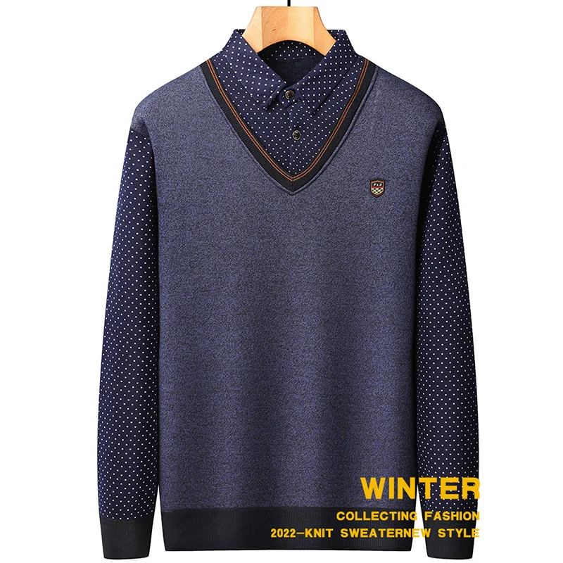 2024 L-4XL Autumn and Winter New Fake Two Piece Sweater Men\'s Plush Knitted Warm Inner Wear Casual Versatile Pullover Top