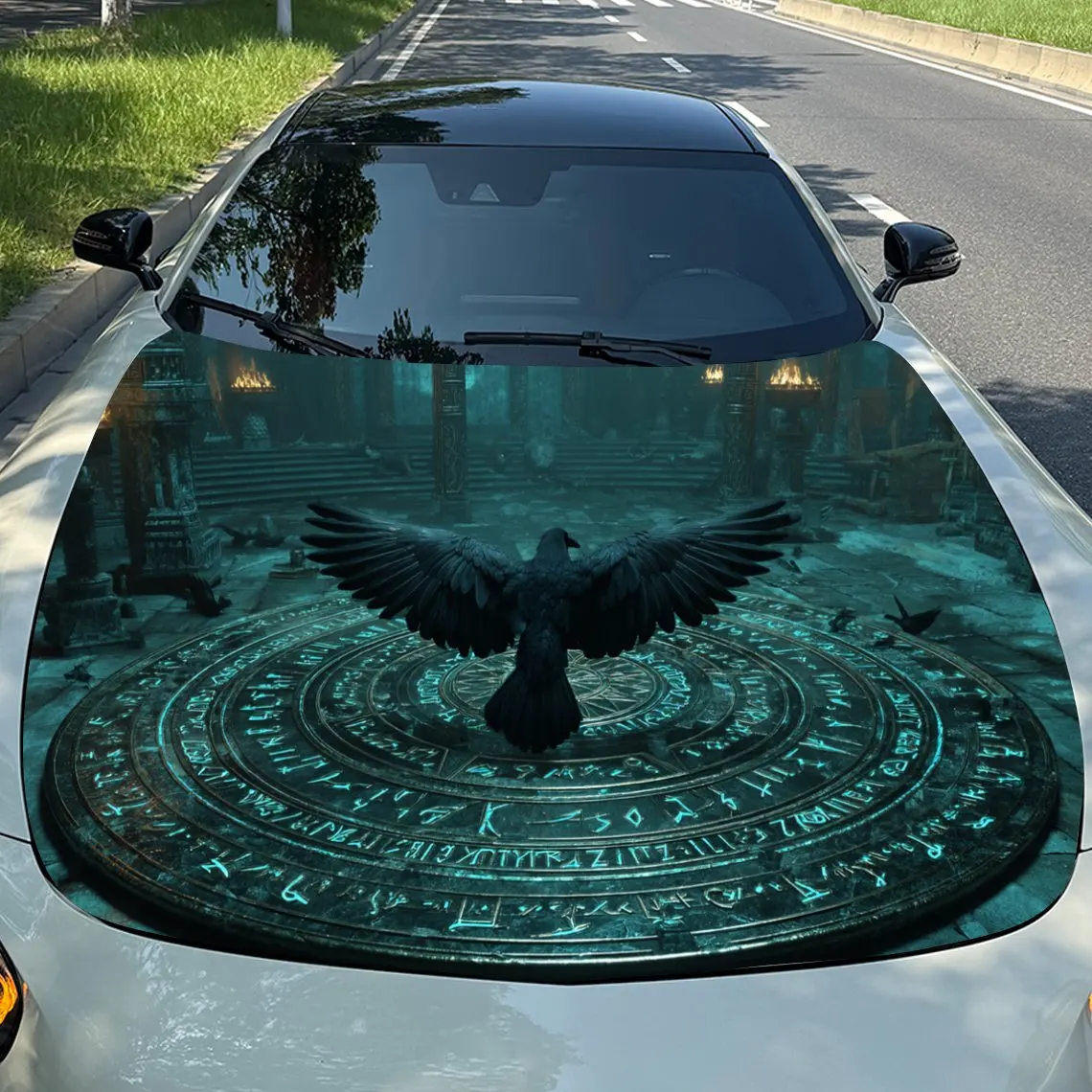 Rune Black Raven in Gloomy Realm Secret Array Car Vinyl Wrap, PVC Material Waterproof Car Hood Sticker, Self-Adhesive Scratch-Re