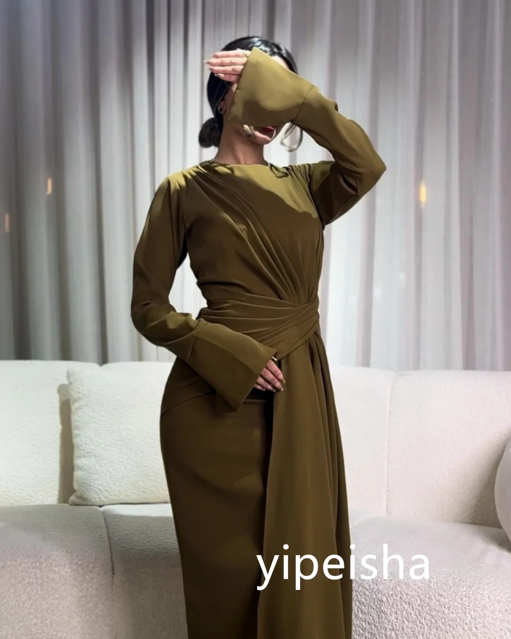 Customized Classic Jersey Pleat Sheath O-Neck Midi Dresses Prom Dresses Exquisite Modern Style Pastrol Unisex Chinese Style Form