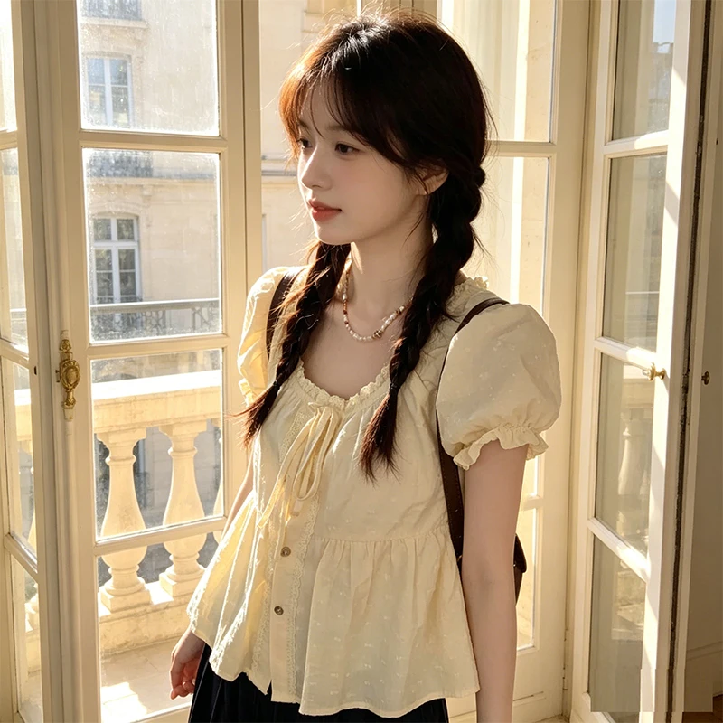 Women Ruffled Sweet Bandage Blouse Harajuku Single Breasted Tops Y2K Aesthetic Suare Collar Grunge Blusas Streetwear De Mujer view 4