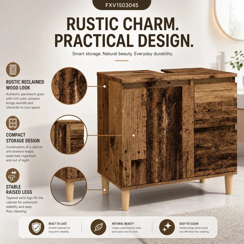Immagine 7: Mobile Lavabo Stile Antico 65x33x60cm, Legno Resistente, Facile da Pulire