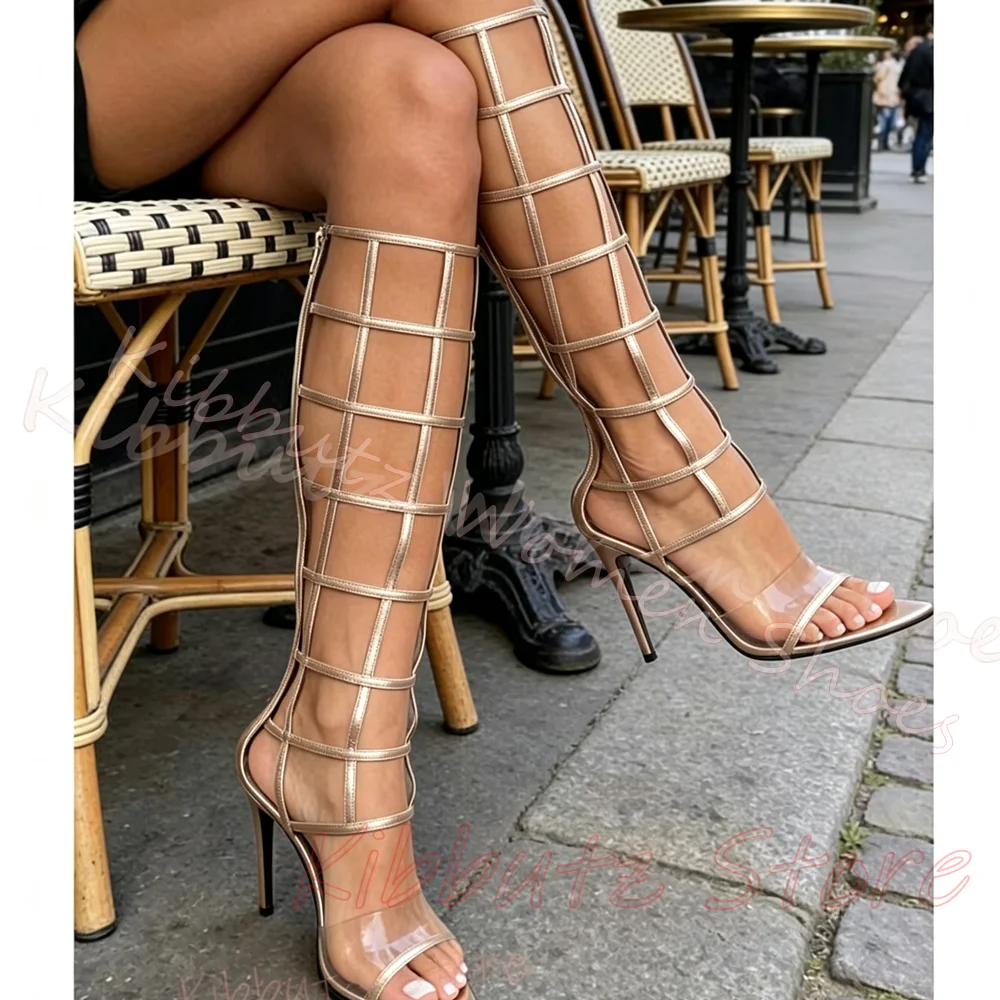 Womens Knee High Rome Sandals Strappy Stiletto Heel Open Toe Caged Fashion Summer Footwear Party Heels Nightclub Beach Vacation