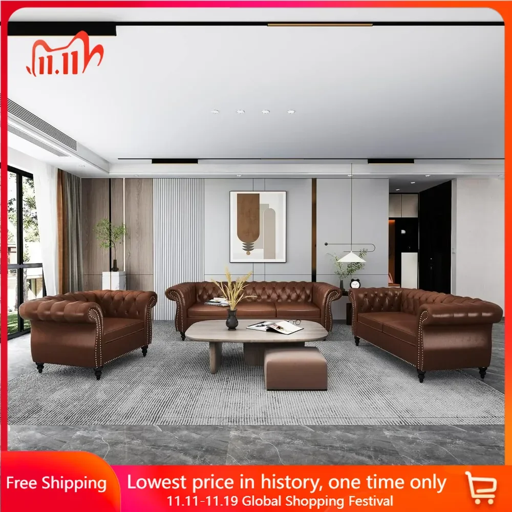 

3 Piece Living Room Sofas Set, Sectional Chesterfield Sofa Chair Contemporary Upholstered Leather Loveseat Couch Sofa Sets