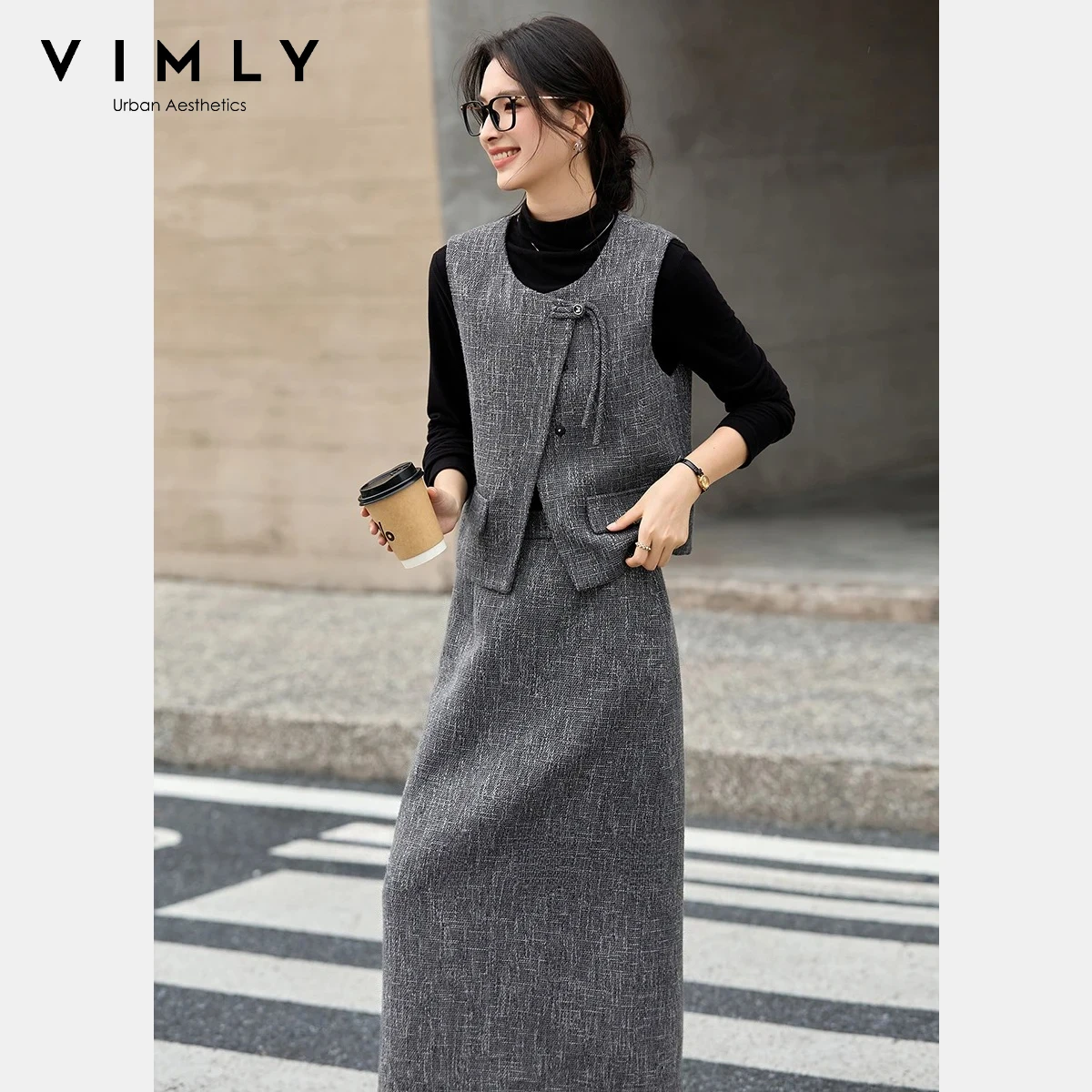 Vimly femmes Tweed costume ensemble 2025 automne nouveau col rond gilet et a-ligne jupe longue bureau dame banlieue élégant deux pièces tenue