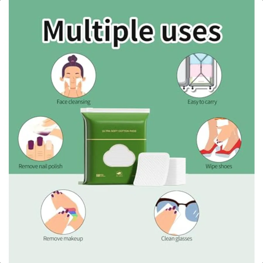 وسادات قطنية مربعة كبيرة 100 قطعة 100 قطن خالية من الوبر زوايا مستديرة ناعمة متعددة الطبقات لإزالة المكياج وتنظيف الوجه