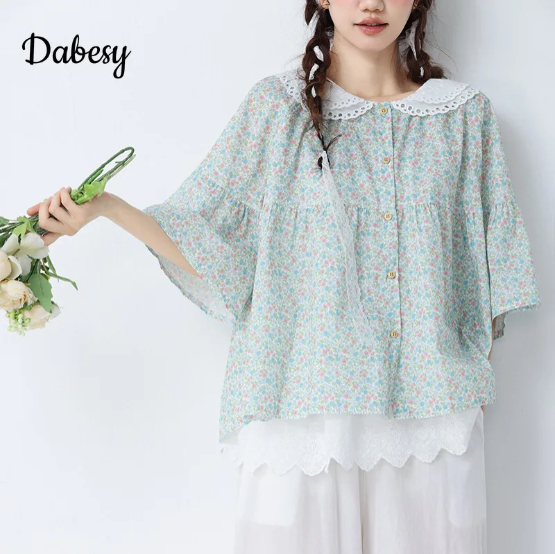 

Винтажные рубашки Kawaii на шнуровке с цветочной вышивкой для женщин, японская блузка с воротником Питера Пэна в стиле Лолиты, свободные топы с пышными рукавами, летние