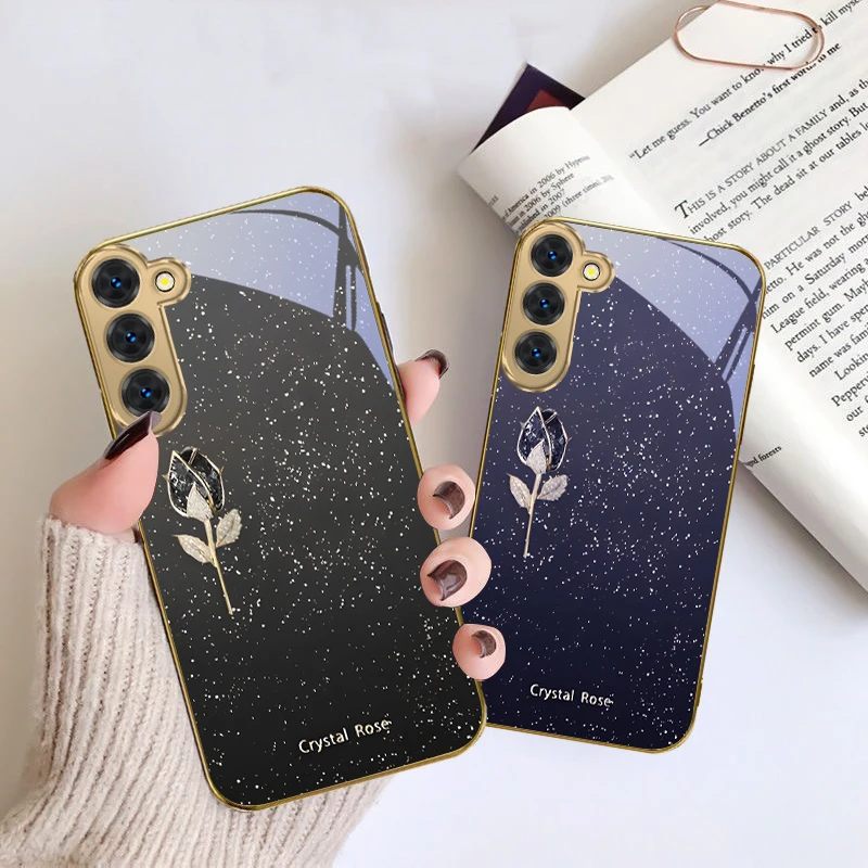 وردة كريستال رائعة لهاتف سامسونج جالاكسي S20 FE S21 S22 S23 Plus S24 Ultra 25Ultra S21 + S9 + S22Plus حافظة هاتف زجاجية ذهبية