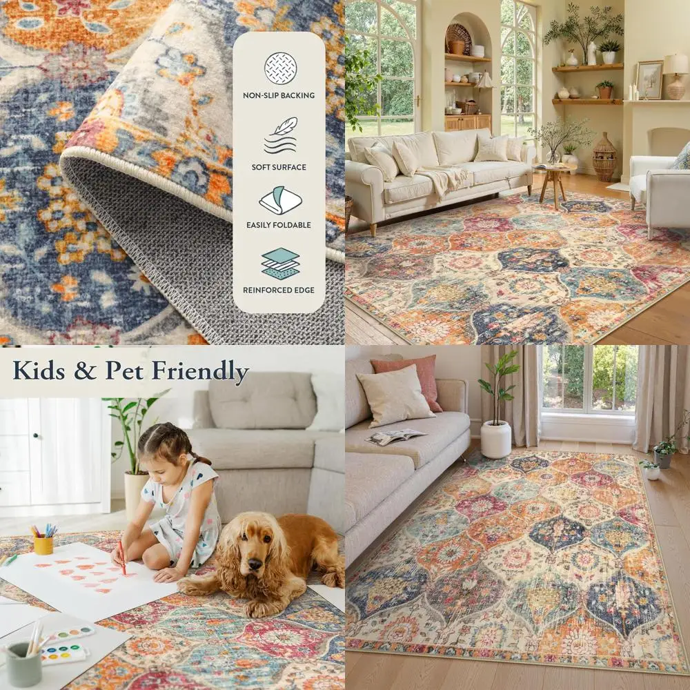 

Моющиеся ковры 5x7 для гостиных, нескользящие восточные акцентные ковры для дома, кремовый/мультитонный