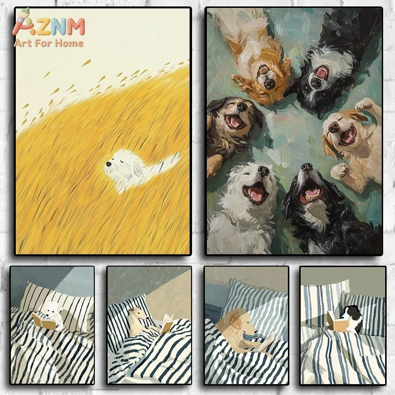 AZNM Oil Painting Happy Dog Canvas Print Puppy Reading Book In Bed White Dog In Golden Grass Cute Pet Minimalist Home Bedroom Wa