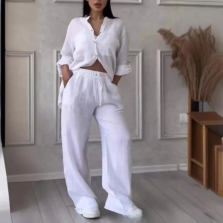 

2024 Summer Casual Cotton Linen Color irt Wide Leg Pants Set Women's Faion Ensemble Long Sve Dstring Design