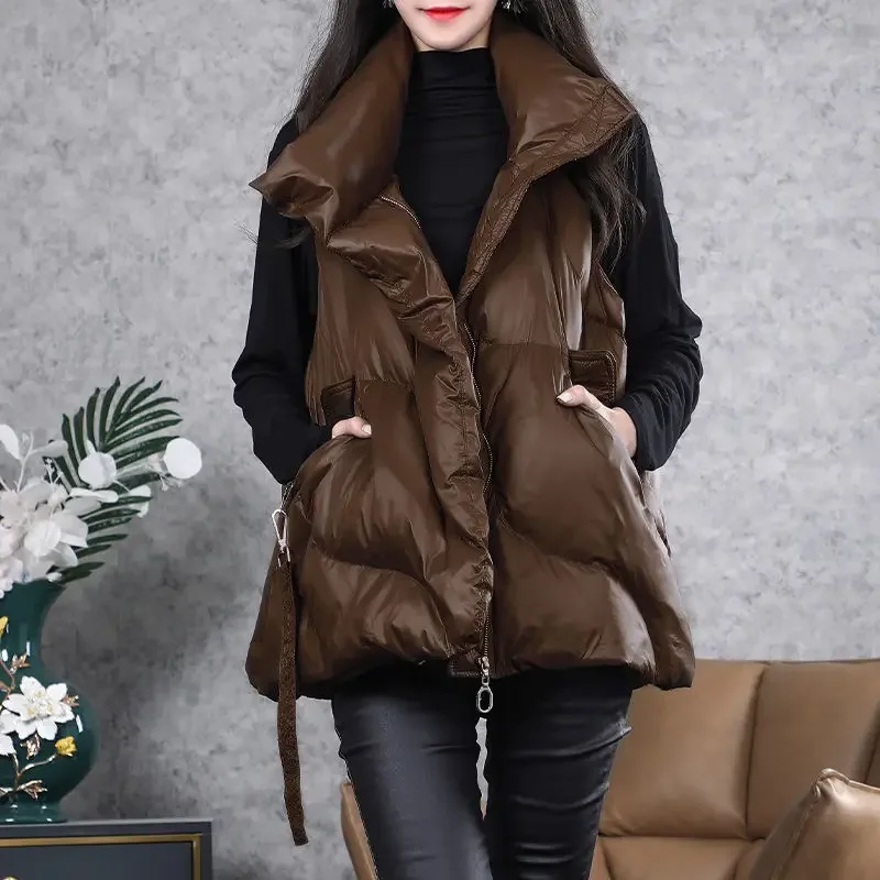 High Quality Large Size Cotton Black Vest Women's  Fall/winter New Loose and Lightweight Buckle Streamer Solid Color Jacket Coat