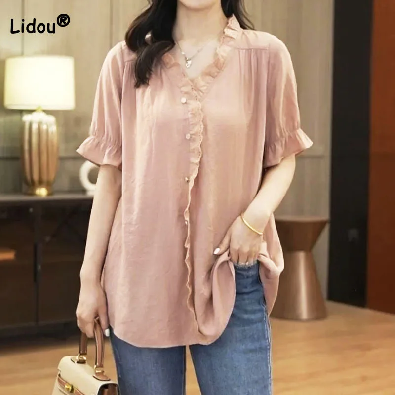 

Simplicity Temperament Solid Color Button Blouse Women's Clothing Fashion V-Neck Elegant Short Sleeve Single-breasted Shirt