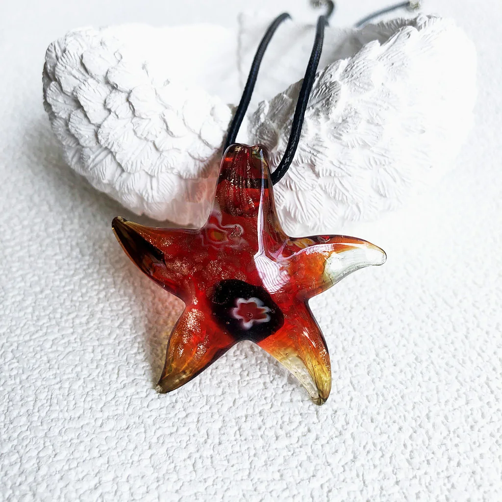 1PCS Handmade Muran Lampwork Glass Quartz Crystal Red Starfish Necklace Flower Glaze Loose Charm Pendant Jewelry Making