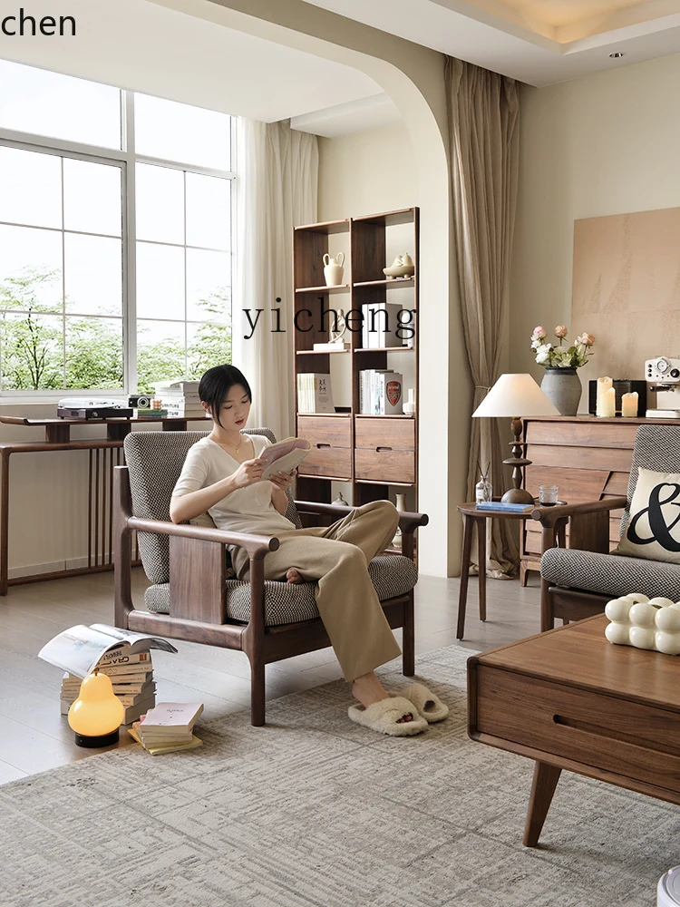 YFY  black walnut all solid wood fabric sofa new Chinese three-person minimalist living room furniture