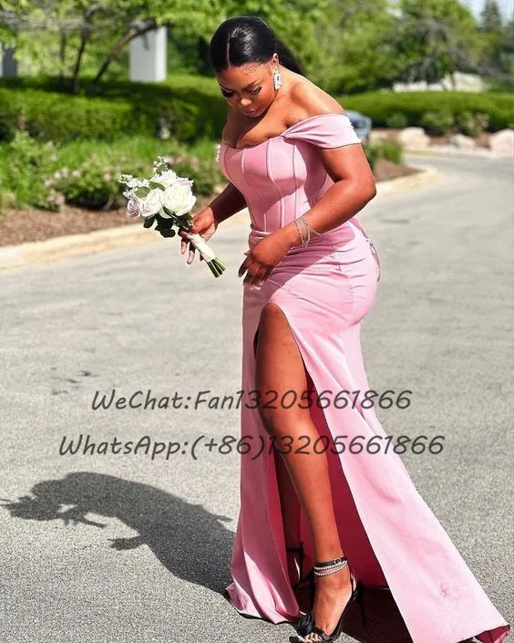 Plus Size Zeemeermin Roze Zeemeermin Bruidsmeisje Jurken Lange Off Shoulder Split Trouwjurk Afrikaanse Vrouwen Prom Party Jurk