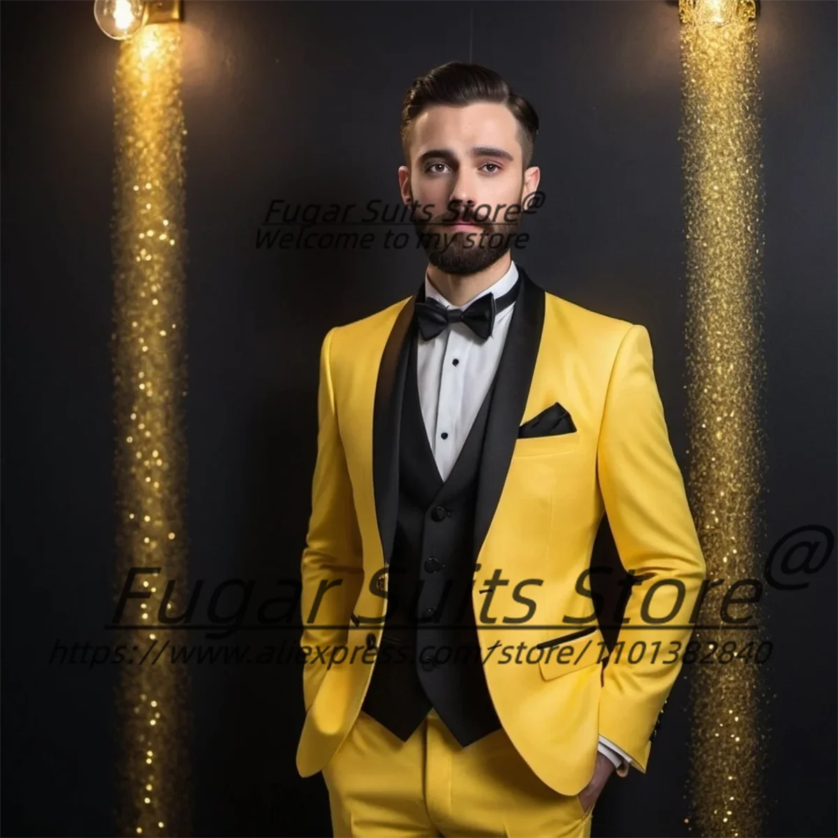 

Fashion Yellow Casual Men Suit Slim Fit Black Shawl Lapel Groom Party Prom Tuxedos 3 Pcs Sets Handsome Male Blazers Ropa Hombre