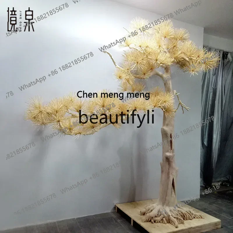 New arrive Large Realistic Welcoming Pine Floor Ornament Solid Wood Carving Hotel Lobby Sales Office Opening Soft Decoration