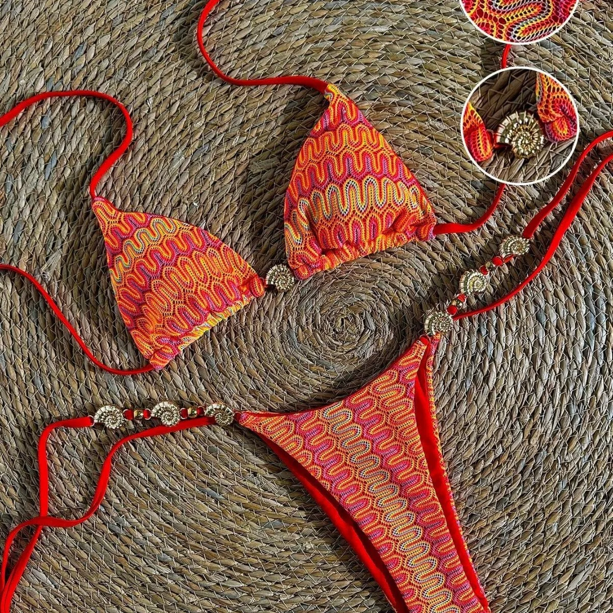 

2026 Halter Bikini Set Women Triangle Top with Metal Ring Detail Tie Side Thong 2 Piece Swimwear Biquini Beachwear Party Wear