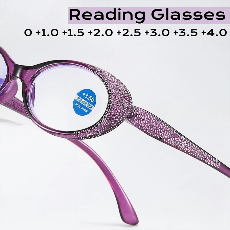 

Oval Diamond Reading Glasses for women Far Sight Eyeglasses Blue Light Blocking Presbyopia Eyewear Diopters +1.0+1.5+4.0