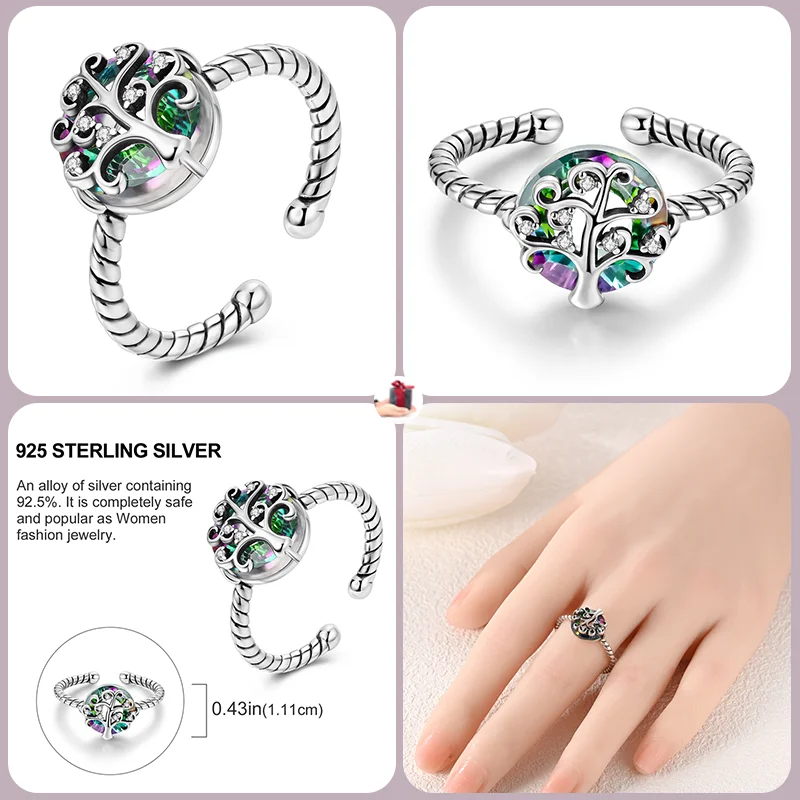 New 925 Sterling Silver Fashion Dazzling Summer Cat Claw Tree of Life Open End Ring Women's Fine Engagement Party Jewelry Gift