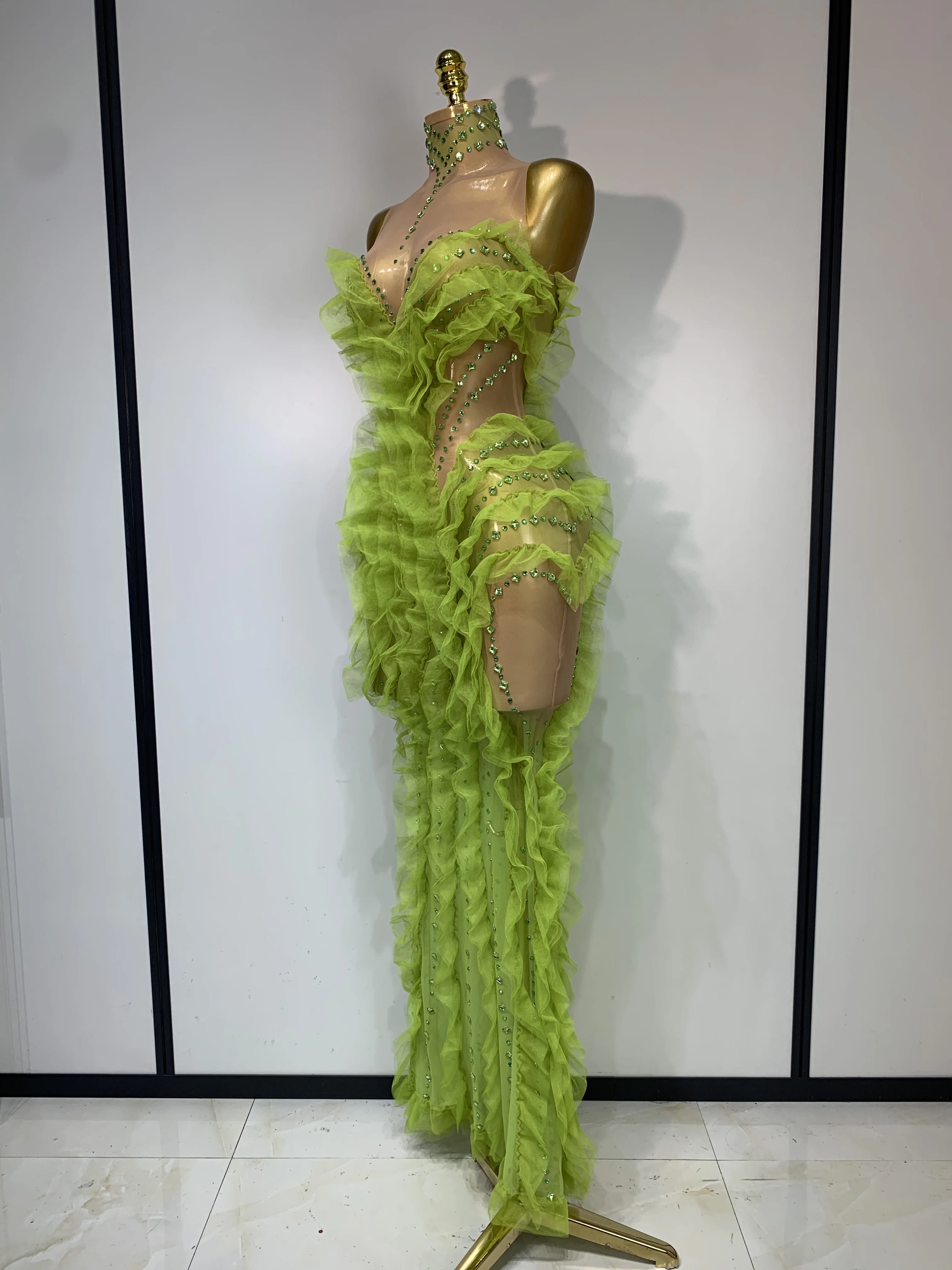 Sparkly Green Rhinestones Mesh Sheer Ruffle Maxi Long Dress Celebrate Birthday Eveing Party Nightclub Stage Performance Costumes - AliExpress Sparkly Green Rhinestones Mesh Sheer Ruffle Maxi Long Dress Celebrate Birthday Eveing Party Nightclub Stage Performance Costumes - AliExpress