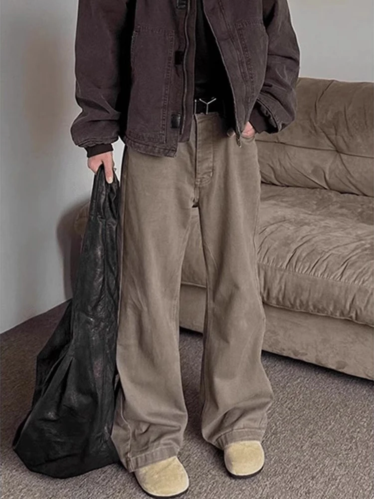 Brown Fleece Lined Thickened Micro Flared Jeans Men's Winter Straight Leg Long Pants American Style Boys Jeans Casual Trend