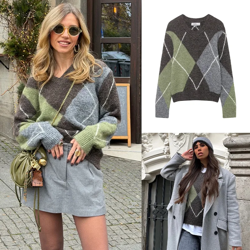 HH 2026 Damen-Pullover, elegant, grün, grau, Argyle-Muster, gestrickt, lange Ärmel, vielseitig, kausal, abgeschnittener Pullover, schicke Oberteile