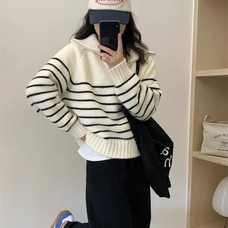 

2024 Half Zip Lapel Sweater for Women Korean Minority Striped Outside with Autumn and Winter Long-sleeved Top Jumper Knitwear