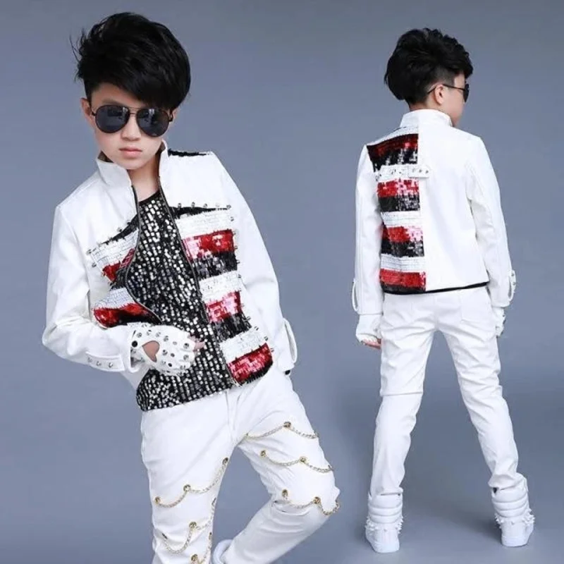 

New children's sequins long-sleeved stage costumes drums red and white stitching costumes