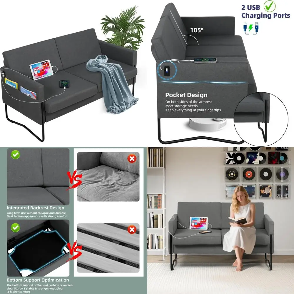

Компактный 5-дюймовый серый двухместный диван с USB-портами для уютных жилых помещений
