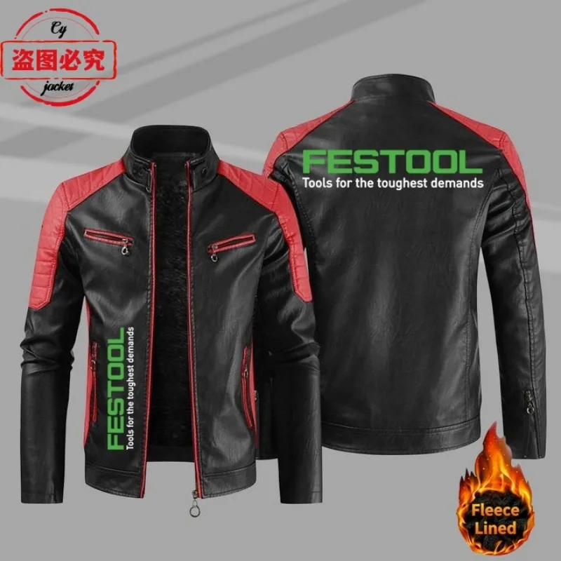 EU Size Festool Logo Printed Work Clothes Spring and Autumn Vintage Washed PU Leather Jacket Four Seasons Windproof Men's Jacket