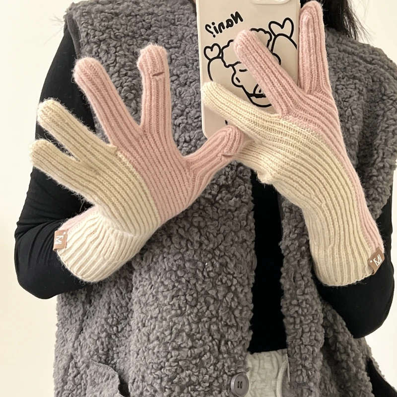 Guantes tejidos de invierno a la moda para mujer, manoplas de alta calidad con pantalla táctil, guantes gruesos y cálidos de Cachemira de dos tonos