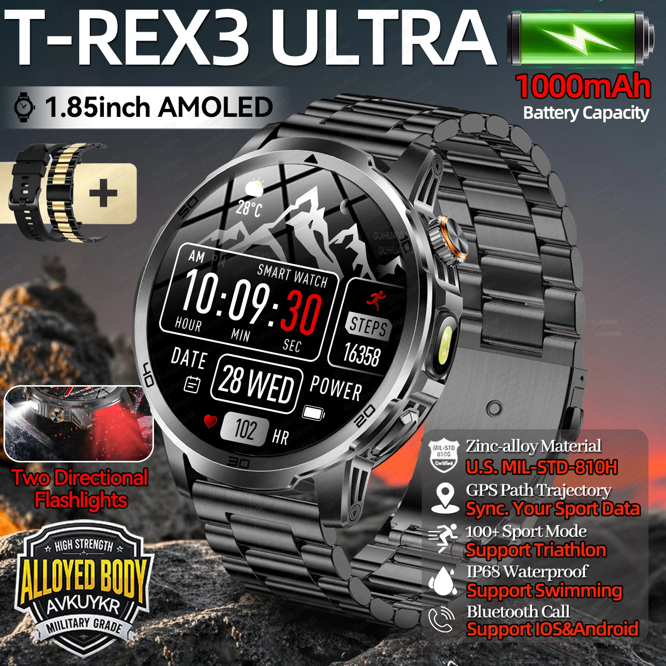 

2026 New Outdoor Military T-REX3 1000mAh Battery Smart Watch Men IP68 Waterproof 1.85" AMOLED Screen Sport Tracker Swim Bracelet
