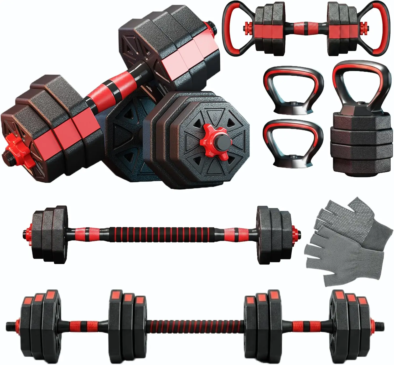 6-in-1 Adjustable Dumbbell & Barbell Weight Set, 45LB Octagon Anti-Roll Iron Sand & Cement Composite Weights, All-in-One Home