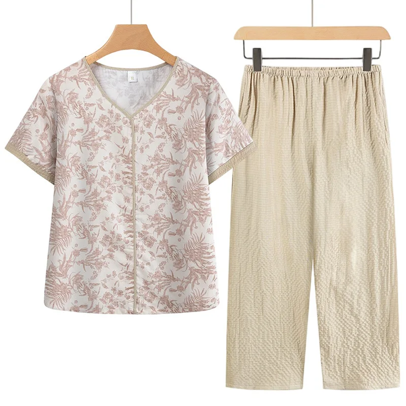 XL-4XL Printed Middle Aged Mother Two Piece Set Cotton Pyjamas Women Short Sleeve Casual Sleepwear Home Wear Pijama De Mujer