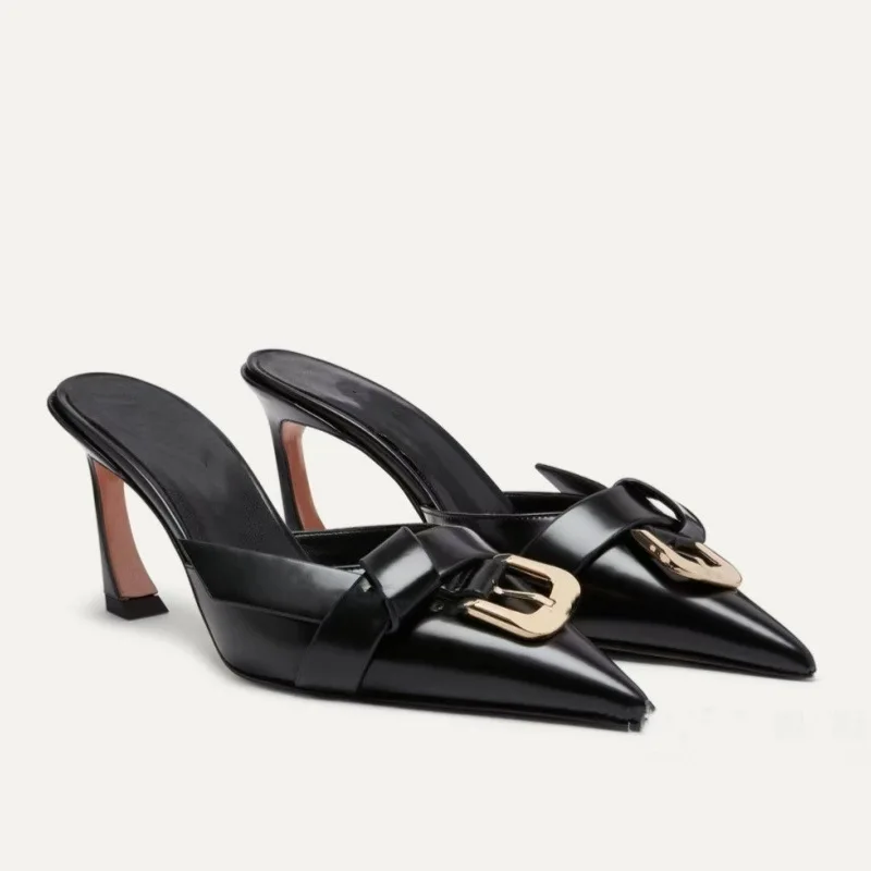 

Stiletto Belt Buckle Pointed Toe Sandals Black Patent Leather Buckle Slippers Elegant Fashionable Sexy Outdoor Wear Women Shoes