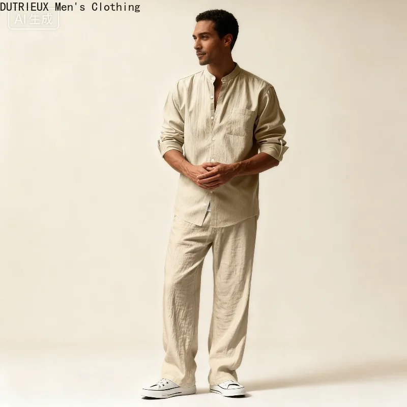 Conjunto de duas peças de algodão e linho masculino outono, camisa de manga comprida versátil simples de grandes dimensões + calças terno de linho confortável para homem