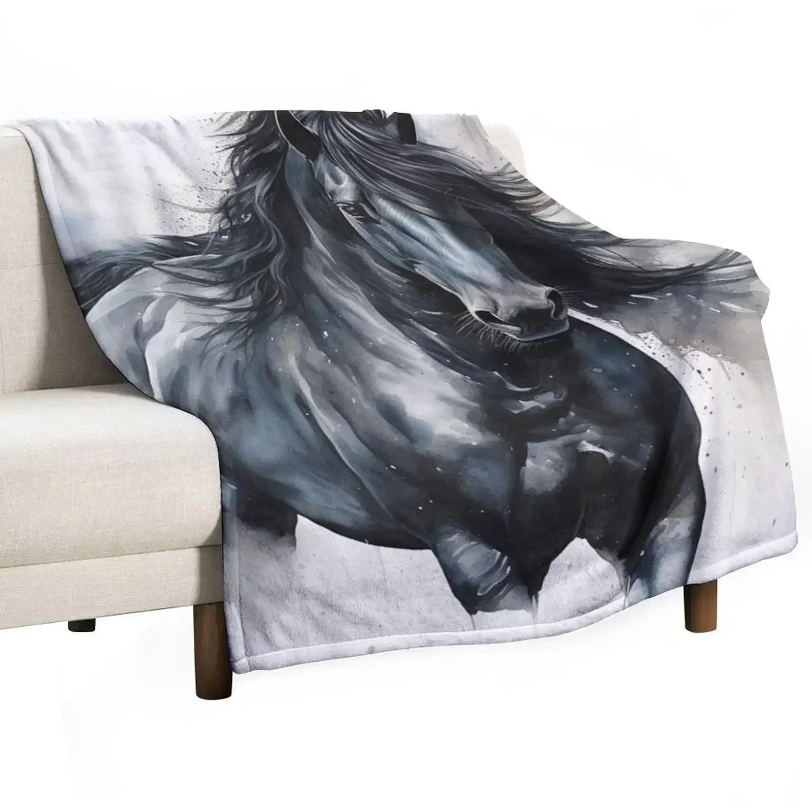 

Graceful Power: Friesian Horse in White Throw Blanket Machine Washable Soft Warm Blanket