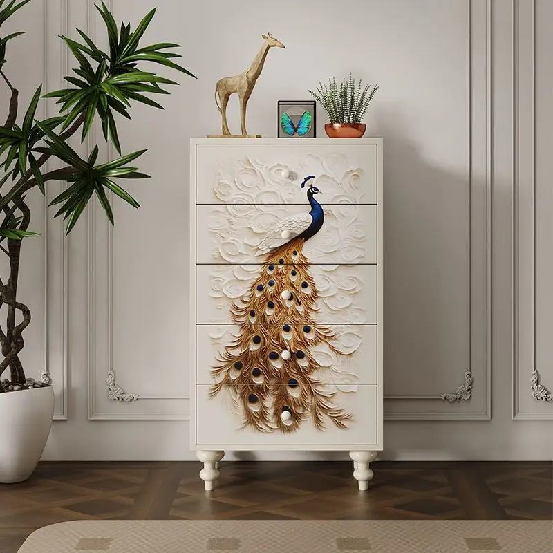 Bedroom solid wood storage cabinet art, hand-painted furniture peacock