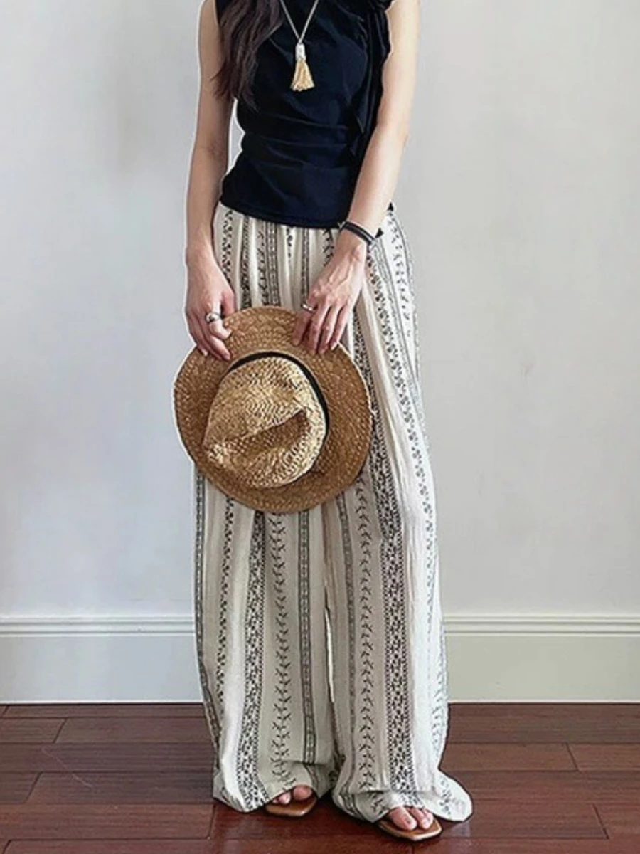 Vintage Vintage Harajuku Floral Print Wide Leg Pants Women Elastic High Waist Straight Trouser Design Summer Pants Casual Loose