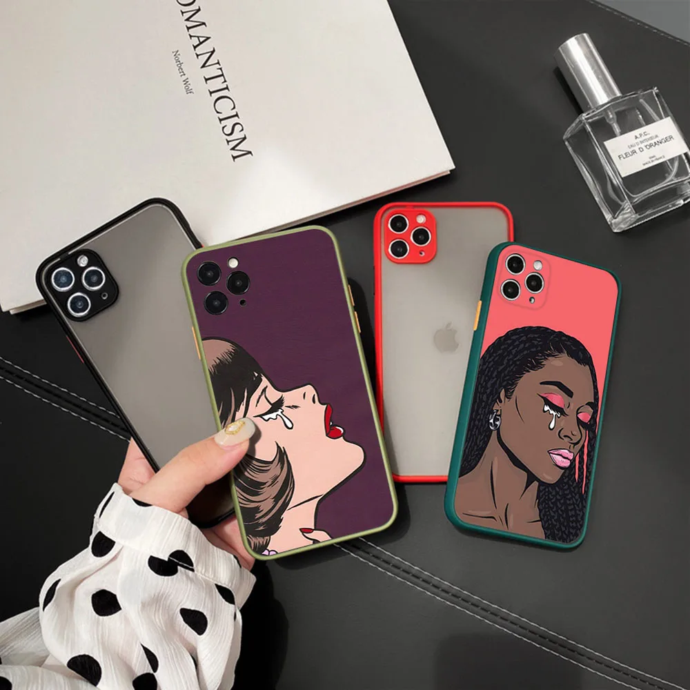 High Quality Crying Sad Girl Cartoon Phone Case For iphone 14 13 12 11 15 Pro Max 8 7 Plus SE X XS XR 6S Matte Translucent Cover