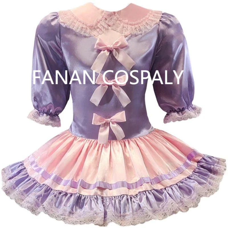 Adult Giant Baby Sexy Girl Purple Pink Color Matching Thin Satin Face Sissy Short Sleeve Dress Bowtie Servant Role Play